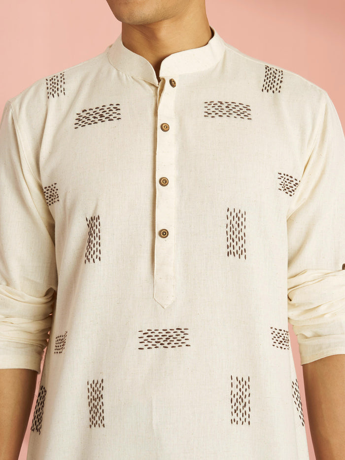 Men's Cream Cotton Thread Embroidered Short Kurta