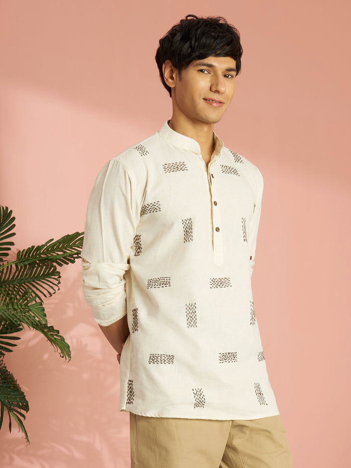 Men's Cream Cotton Thread Embroidered Short Kurta