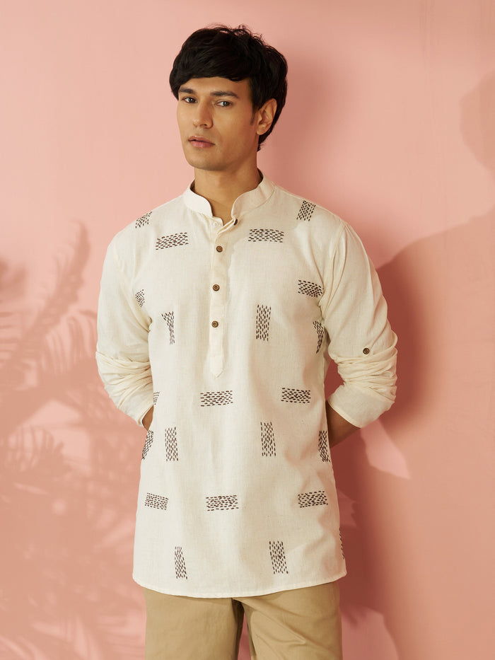 Men's Cream Cotton Thread Embroidered Short Kurta