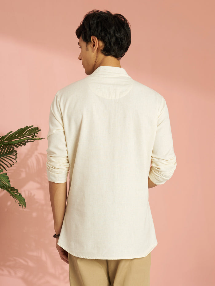 Men's Cream Cotton Thread Embroidered Short Kurta