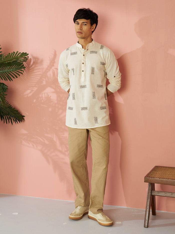 Men's Cream Cotton Thread Embroidered Short Kurta