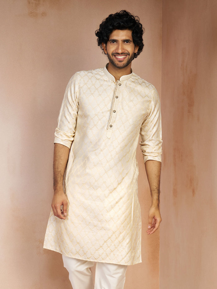 Men's Cream Jacquard Geometric Thread Embroidered Silk Blend Straight Kurta