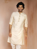 Men's Cream Jacquard Geometric Thread Embroidered Silk Blend Straight Kurta