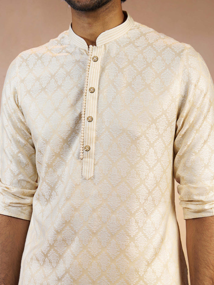 Men's Cream Jacquard Geometric Thread Embroidered Silk Blend Straight Kurta