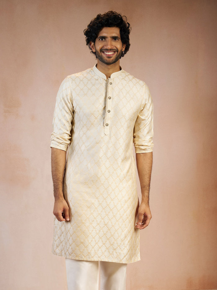 Men's Cream Jacquard Geometric Thread Embroidered Silk Blend Straight Kurta