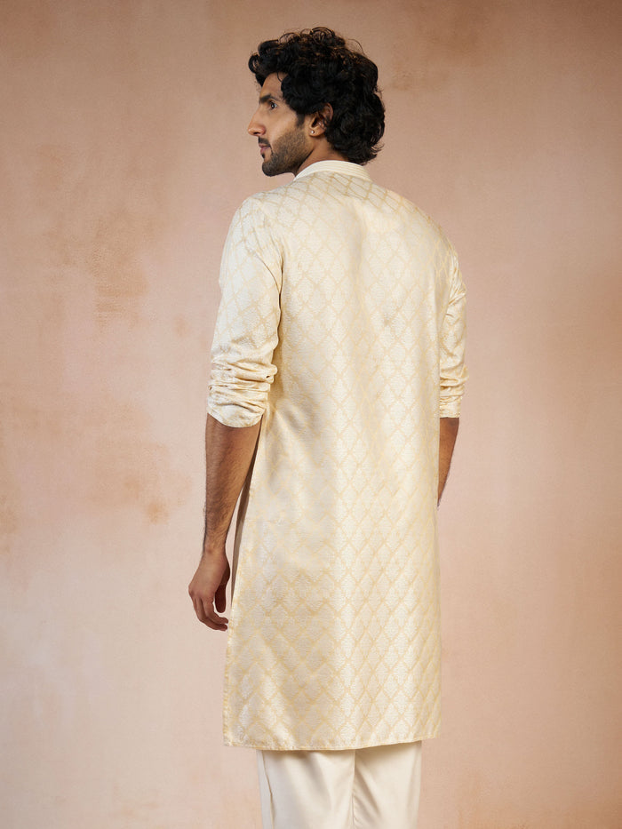 Men's Cream Jacquard Geometric Thread Embroidered Silk Blend Straight Kurta