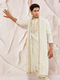 Men's Cream Jacquard Silk Blend Kurta with Lace Viscose Dupatta Set
