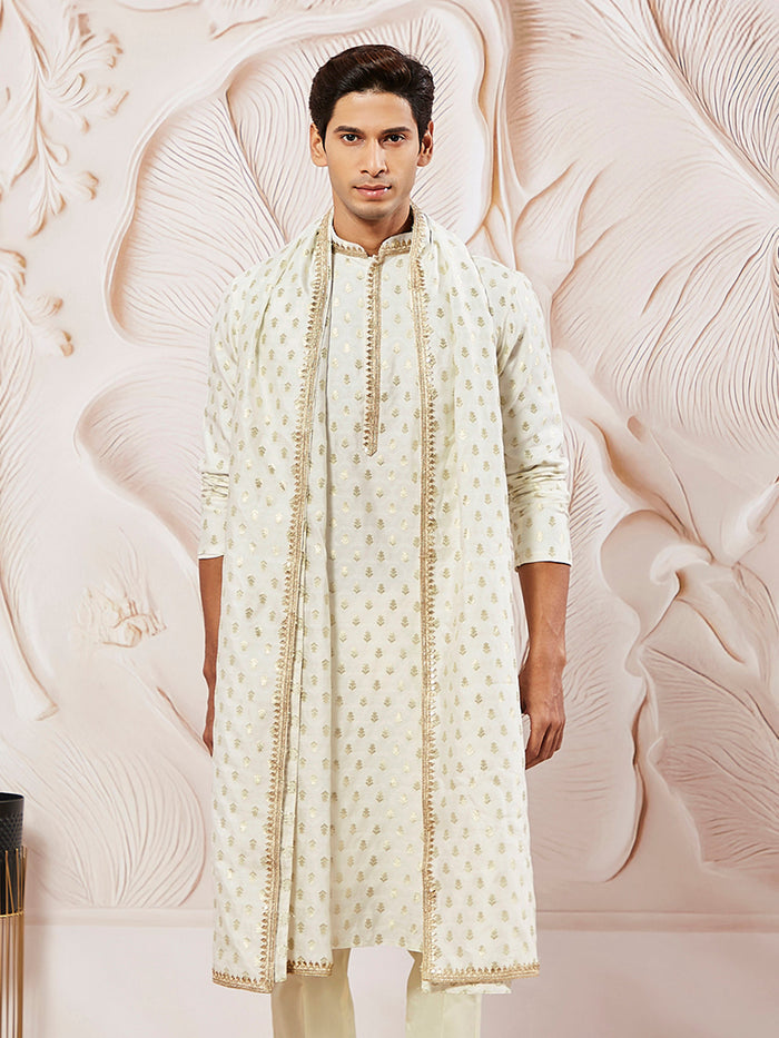 Men's Cream Jacquard Silk Blend Kurta with Lace Viscose Dupatta Set