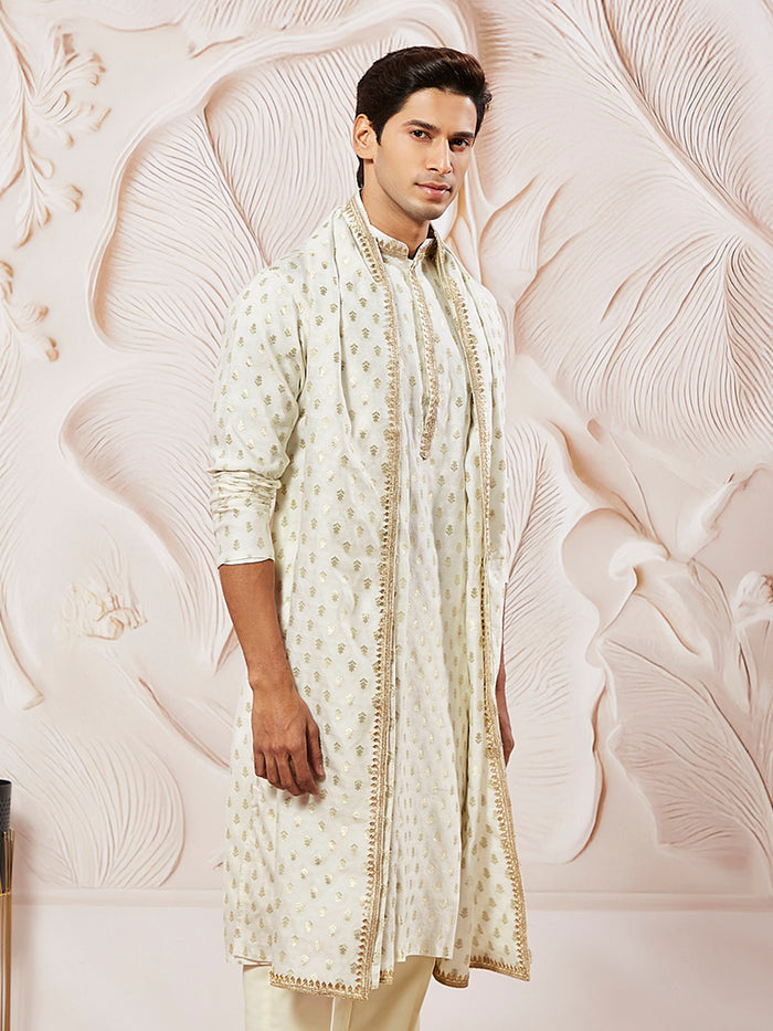 Men's Cream Jacquard Silk Blend Kurta with Lace Viscose Dupatta Set