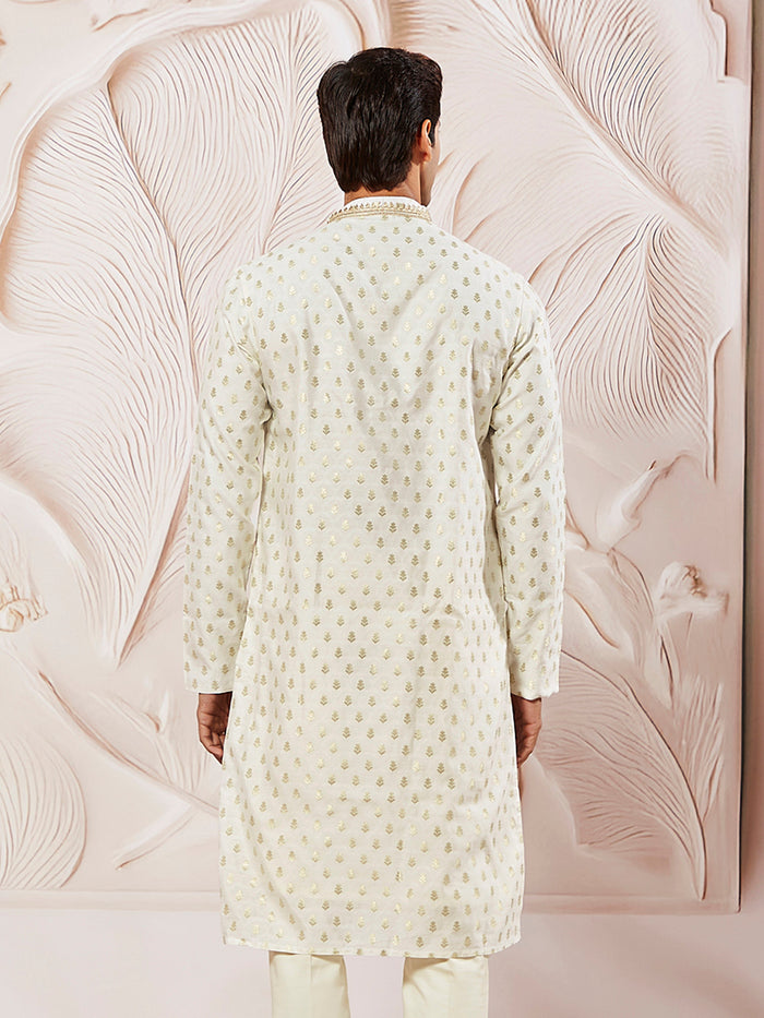 Men's Cream Jacquard Silk Blend Kurta with Lace Viscose Dupatta Set