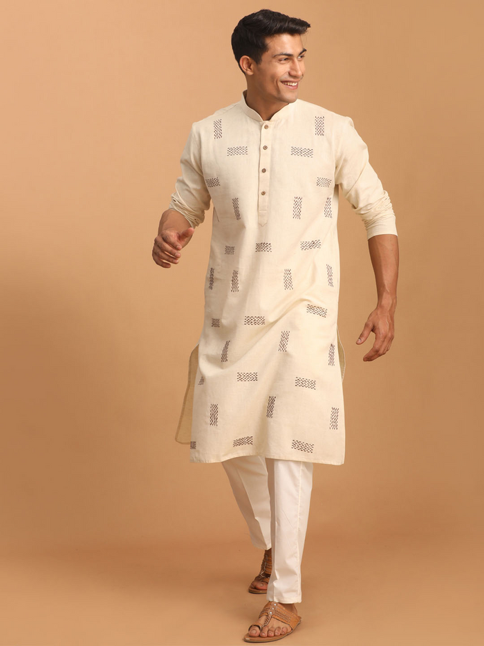 Men's Cream Katha Stich Embroidered Cotton Kurta With Cream Pant Set