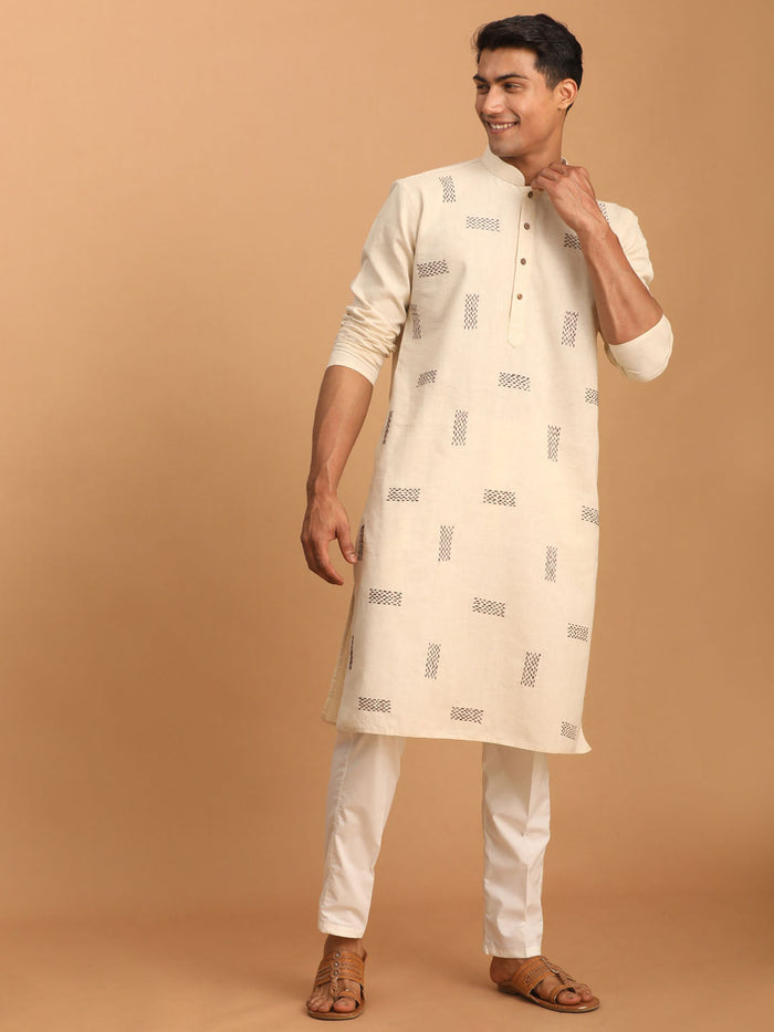 Men's Cream Katha Stich Embroidered Cotton Kurta With Cream Pant Set
