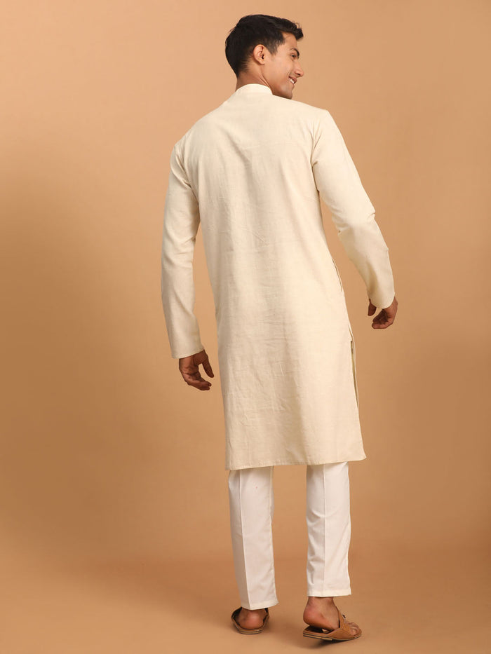 Men's Cream Katha Stich Embroidered Cotton Kurta With Cream Pant Set