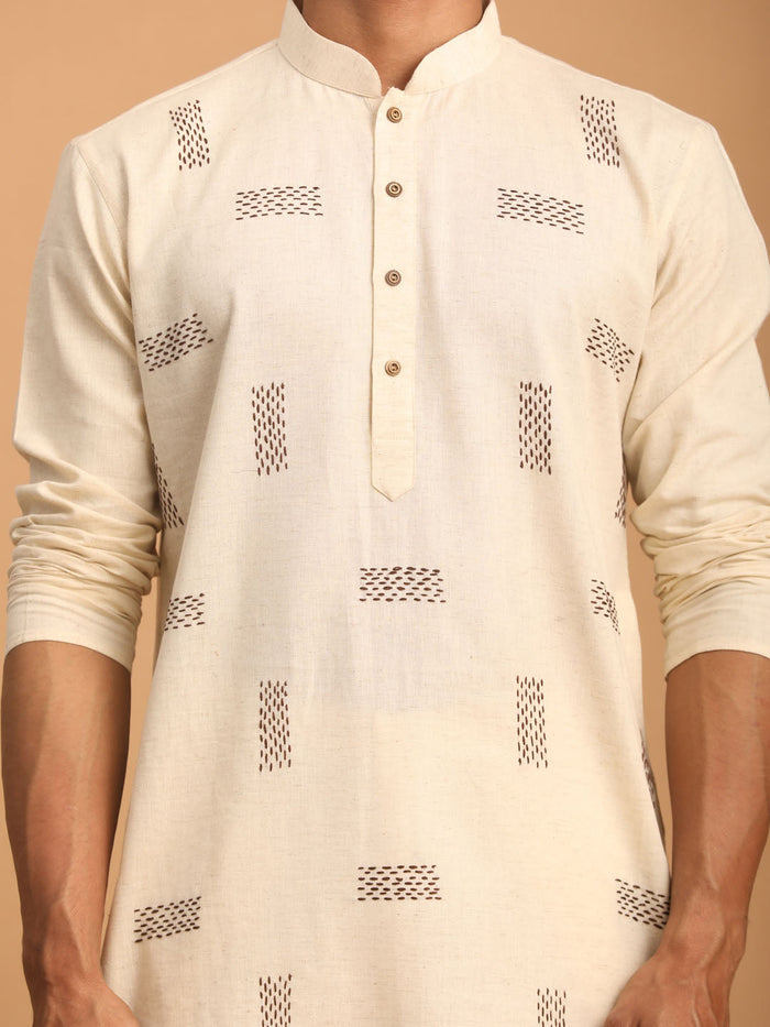 Men's Cream Katha Stich Embroidered Cotton Kurta With Cream Pant Set