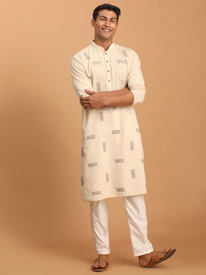 Men's Cream Katha Stich Embroidered Cotton Kurta With Cream Pant Set