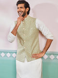 Men’s Cream Kurta Pyjama Set with Pista Green Embroidered Nehru Jacket