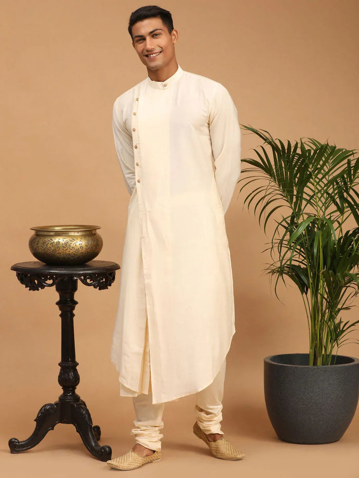 Men's Cream Mirror Jacket With Pleated Kurta Pyjama Set