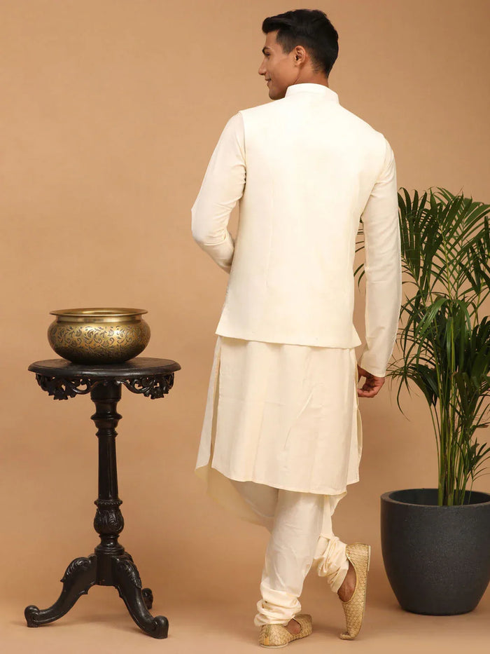 Men's Cream Mirror Jacket With Pleated Kurta Pyjama Set