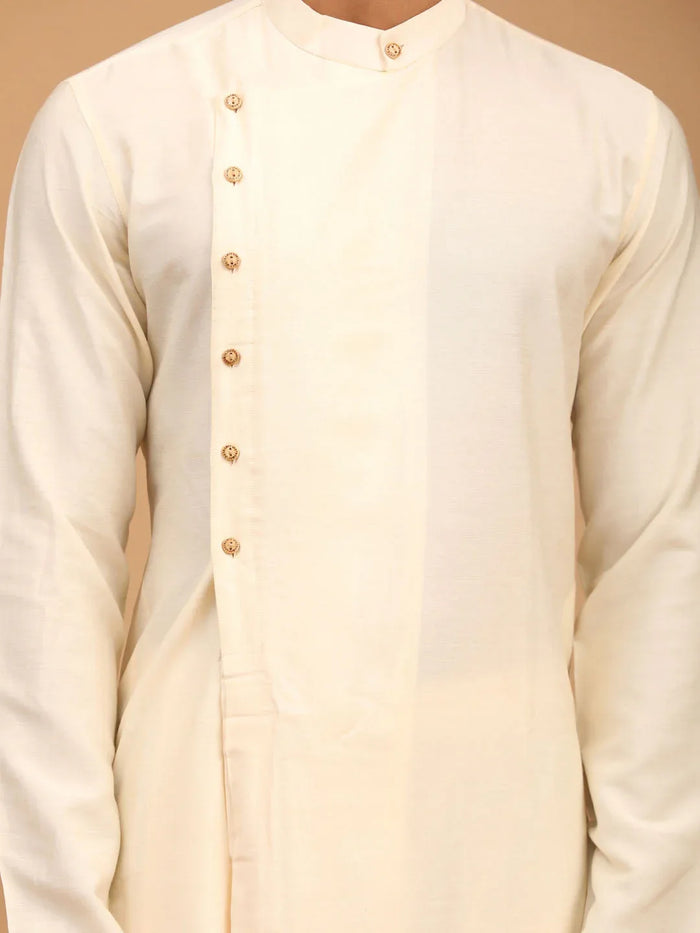 Men's Cream Mirror Jacket With Pleated Kurta Pyjama Set