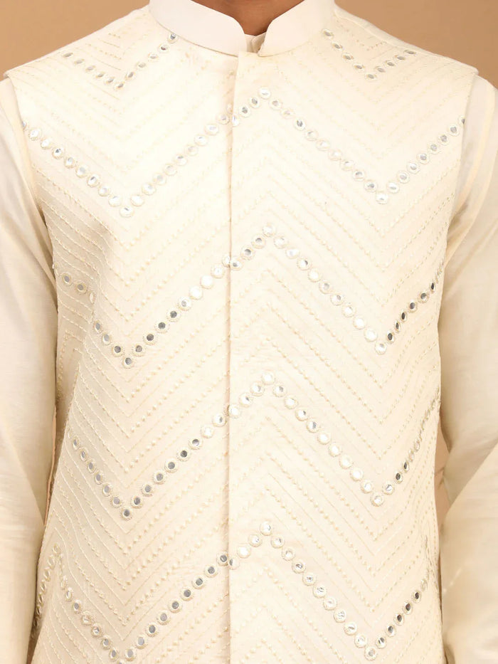 Men's Cream Mirror Jacket With Pleated Kurta Pyjama Set