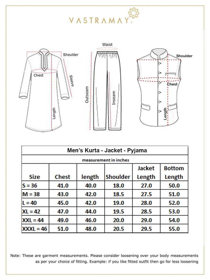Men's Cream Mirror Jacket With Pleated Kurta Pyjama Set