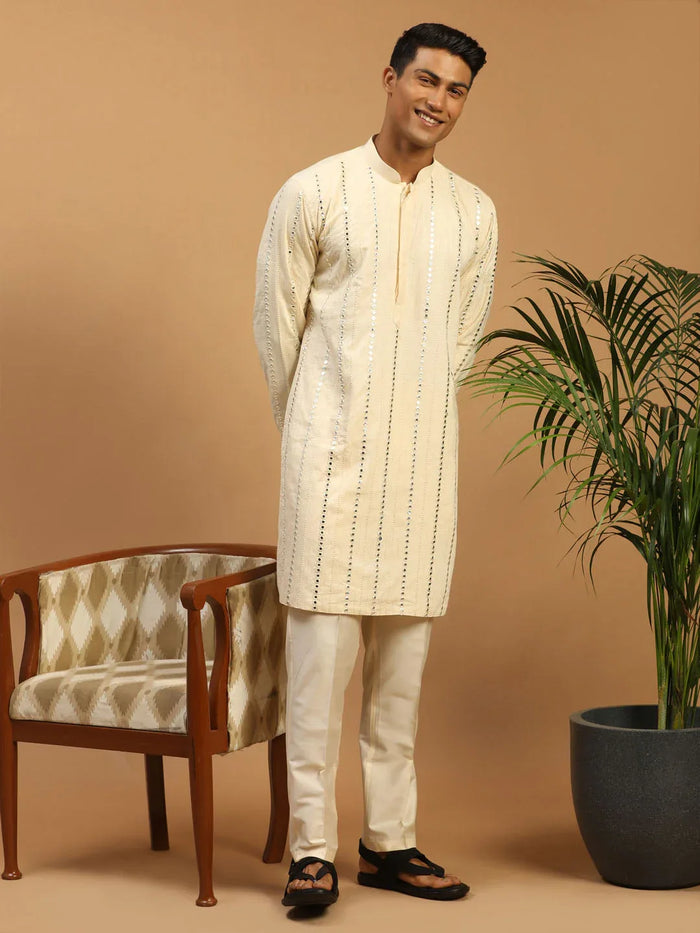 Men's Cream Mirror Kurta Pant And Dupatta Set