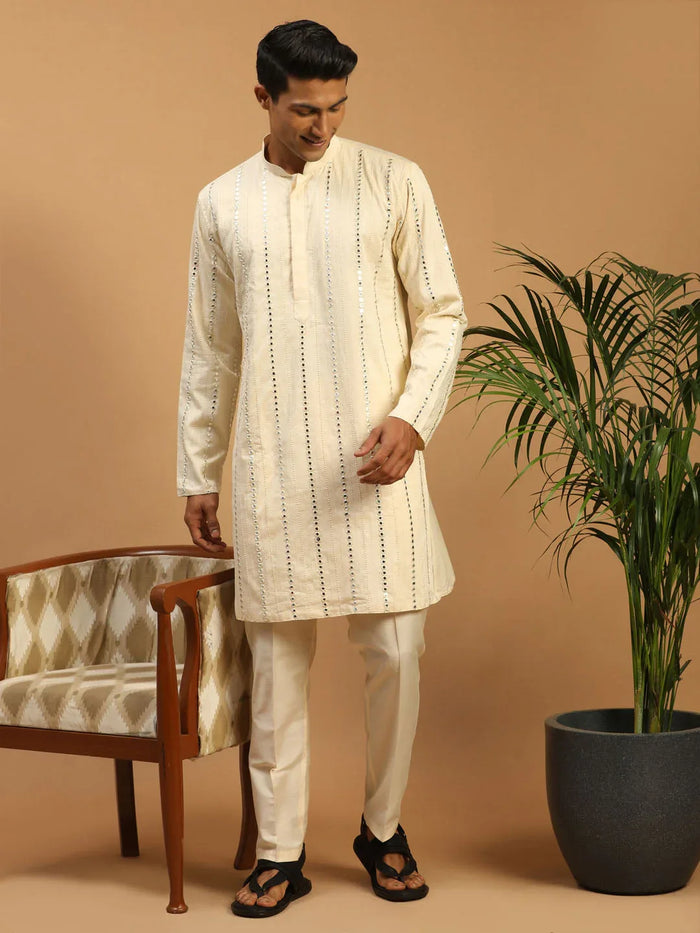 Men's Cream Mirror Kurta Pant Set