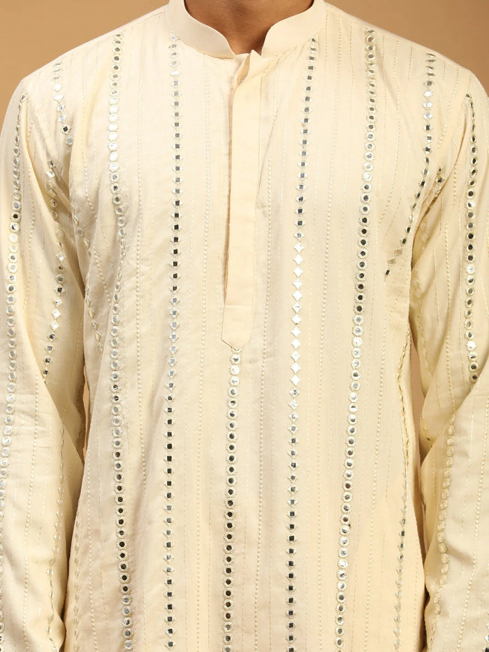 Men's Cream Mirror Kurta Pant Set