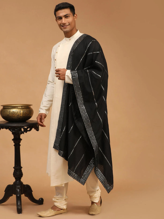 Men's Cream Pleated Kurta And Churidar Set With Black Vertical Mirror Dupatta