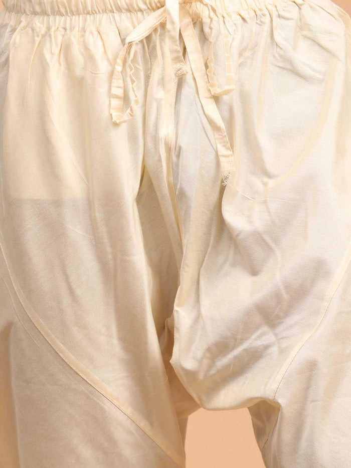 Men's Cream Pleated Kurta And Churidar Set With Black Vertical Mirror Dupatta