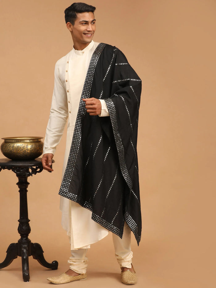 Men's Cream Pleated Kurta And Churidar Set With Black Vertical Mirror Dupatta