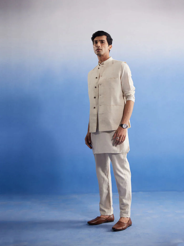 Men's Cream Pure Cotton Nehru Jacket With Short Kurta And Pant Set
