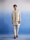 Men's Cream Pure Cotton Nehru Jacket With Short Kurta And Pant Set