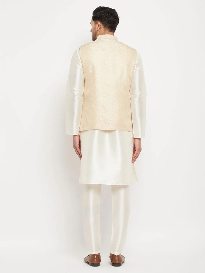 Men's Cream Silk Blend Jacket With Kurta Pant Set