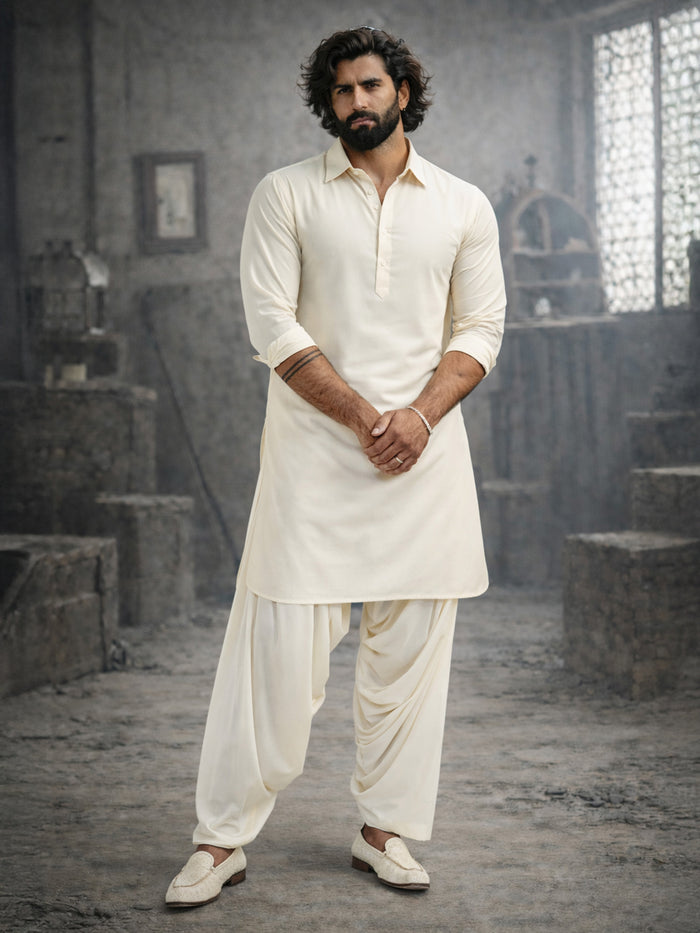 Men's Cream Viscose Pathani Kurta Set