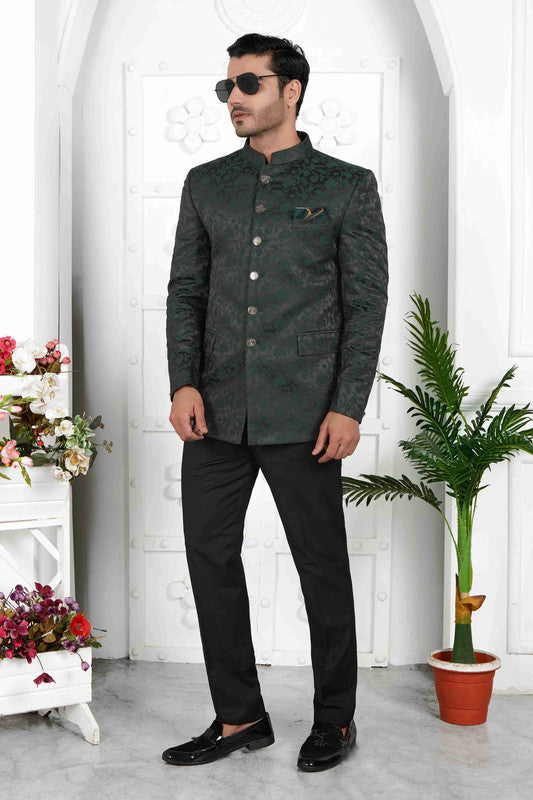 Men's Dark Green Jacquard Silk Thread Work Jodhpuri Jacket