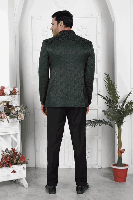 Men's Dark Green Jacquard Silk Thread Work Jodhpuri Jacket