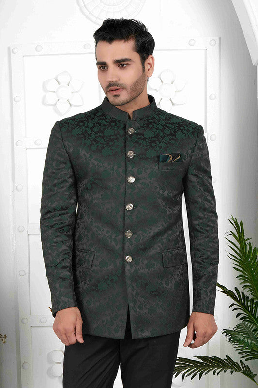 Men's Dark Green Jacquard Silk Thread Work Jodhpuri Jacket