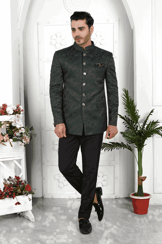 Men's Dark Green Jacquard Silk Thread Work Jodhpuri Jacket