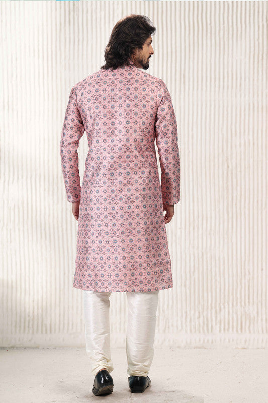 Men's Dark Pink Jacquard Banarasi Silk Digital Print Kurta Pajama Set