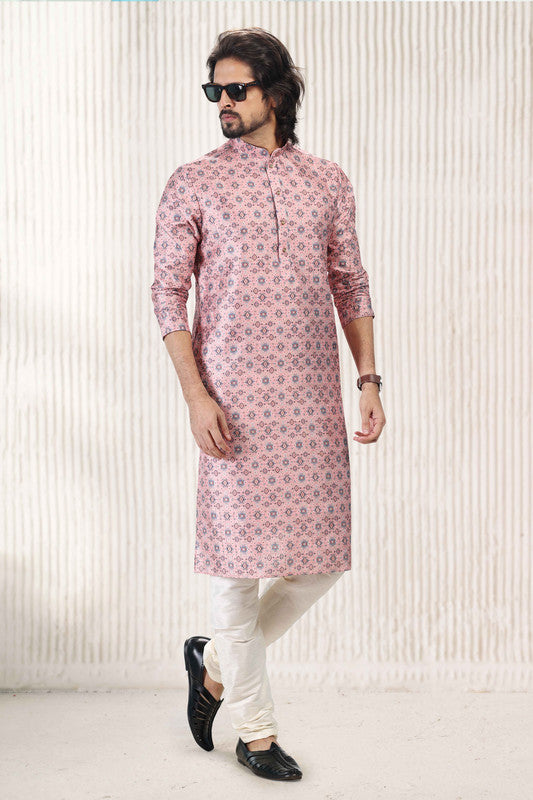 Men's Dark Pink Jacquard Banarasi Silk Digital Print Kurta Pajama Set