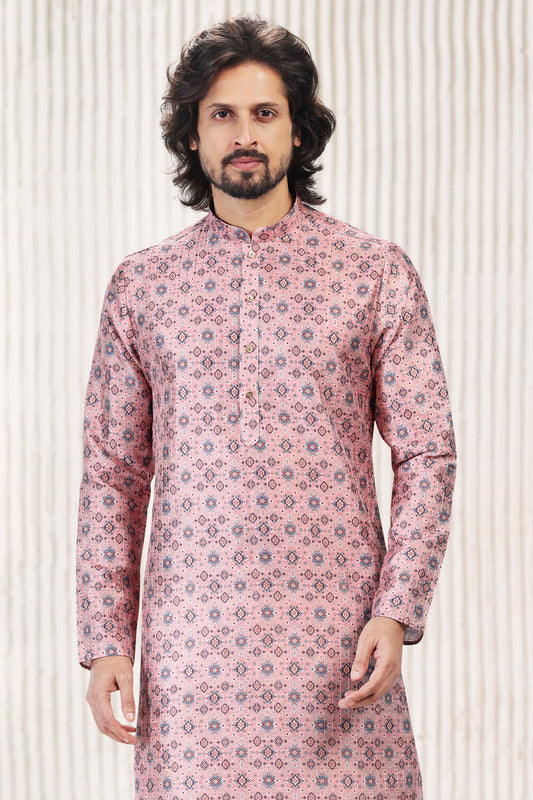 Men's Dark Pink Jacquard Banarasi Silk Digital Print Kurta Pajama Set