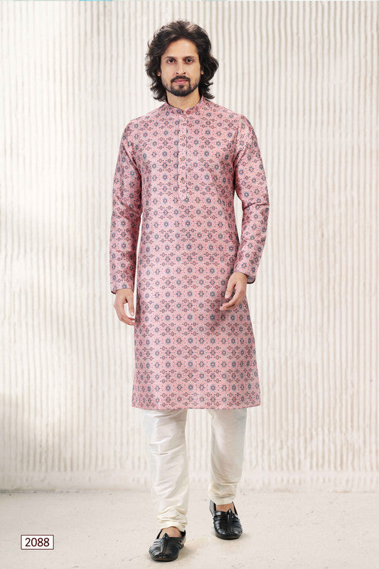 Men's Dark Pink Jacquard Banarasi Silk Digital Print Kurta Pajama Set