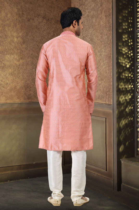 Men's Dark Pink Jacquard Banarasi Silk Thread Work Kurta Pajama Set