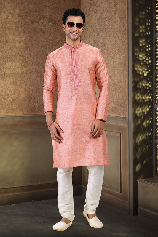 Men's Dark Pink Jacquard Banarasi Silk Thread Work Kurta Pajama Set