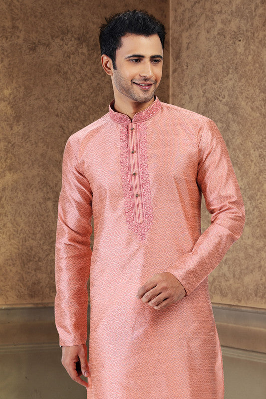 Men's Dark Pink Jacquard Banarasi Silk Thread Work Kurta Pajama Set