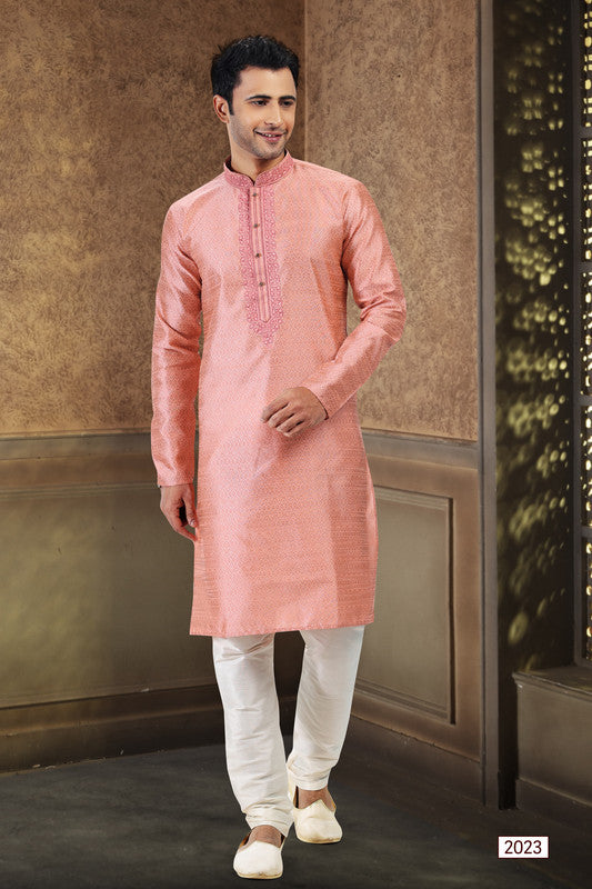 Men's Dark Pink Jacquard Banarasi Silk Thread Work Kurta Pajama Set