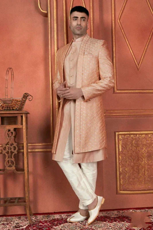 Men's Dusty Peach Art Silk Thread Work Indo Western Set