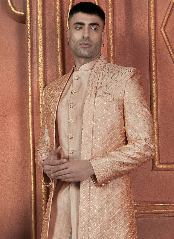 Men's Dusty Peach Art Silk Thread Work Indo Western Set