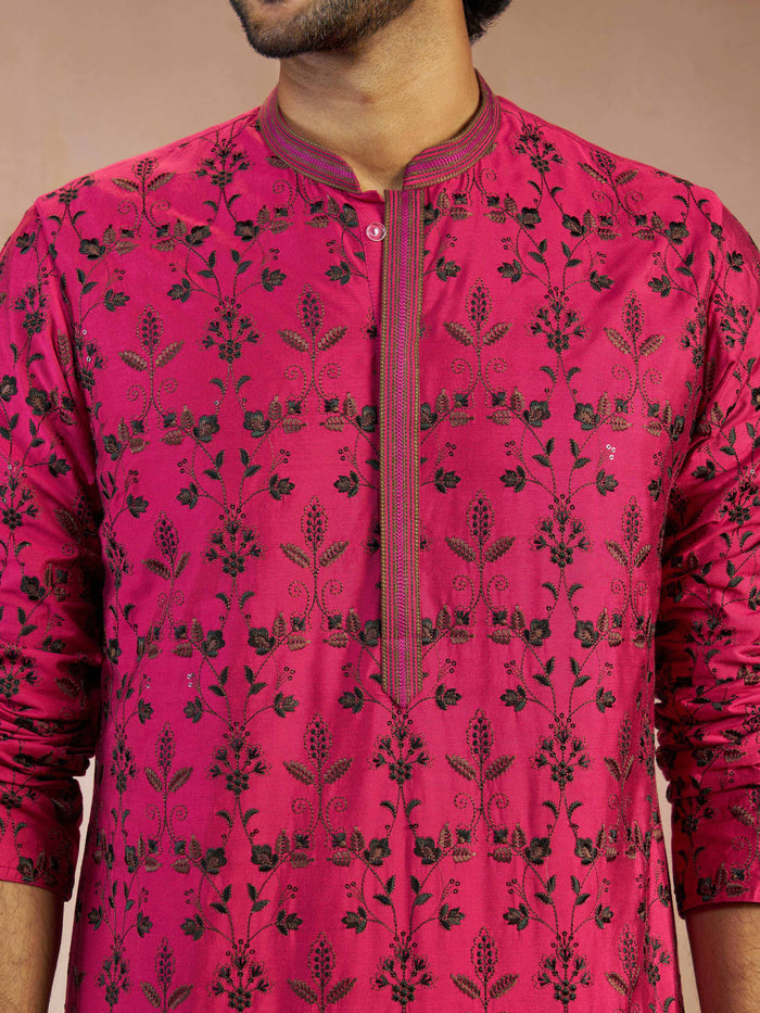 Men's Falsa All-Over Floral Thread Embroidered Viscose Silk Straight Kurta